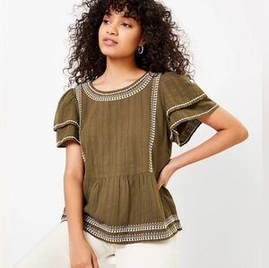 LOFT Olive Embroidered Blouse